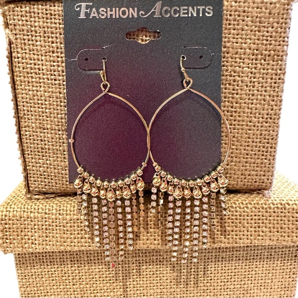 NWT Fashion Accents Earrings gold tone w/ clear rhinestone chain dangles - Picture 4 of 10
